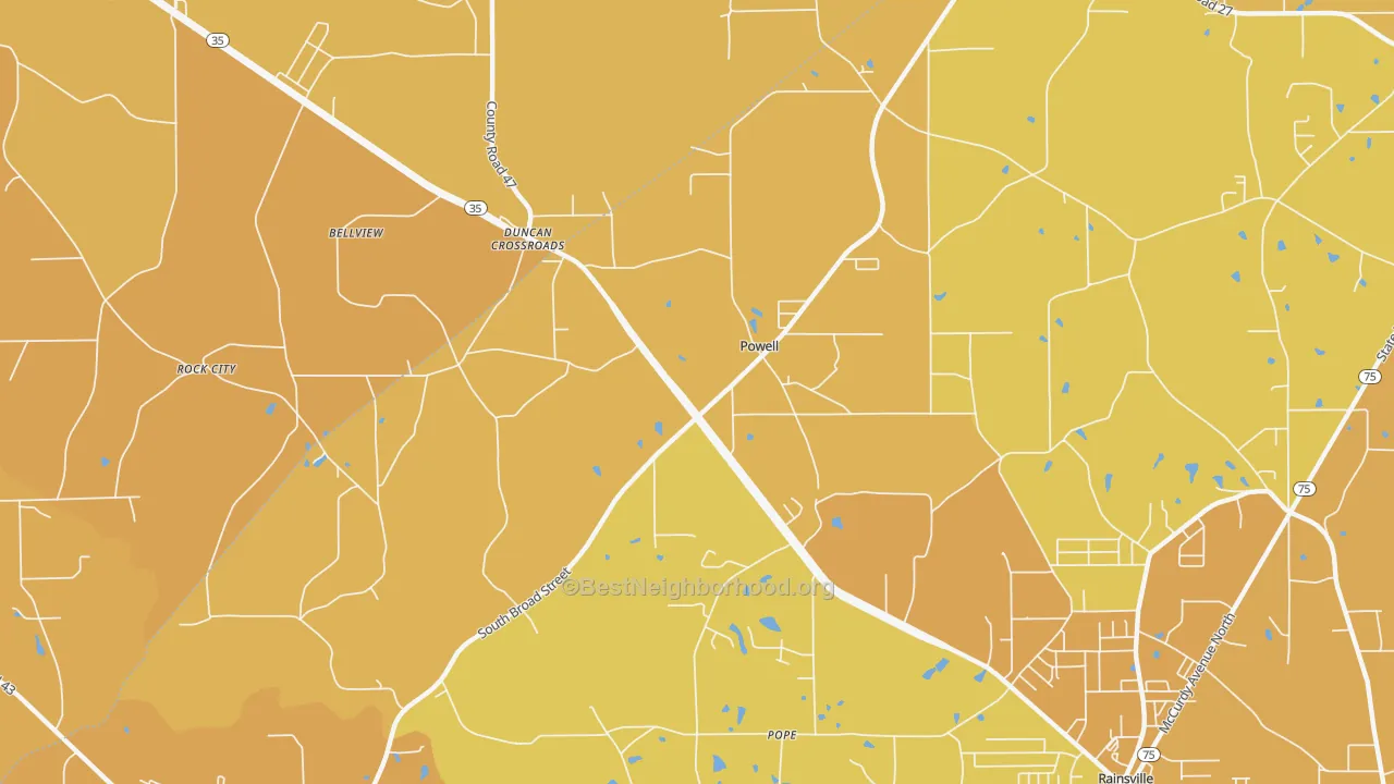 Map of the best neighborhoods in the Powell area, with better matches in green and worse matches in red