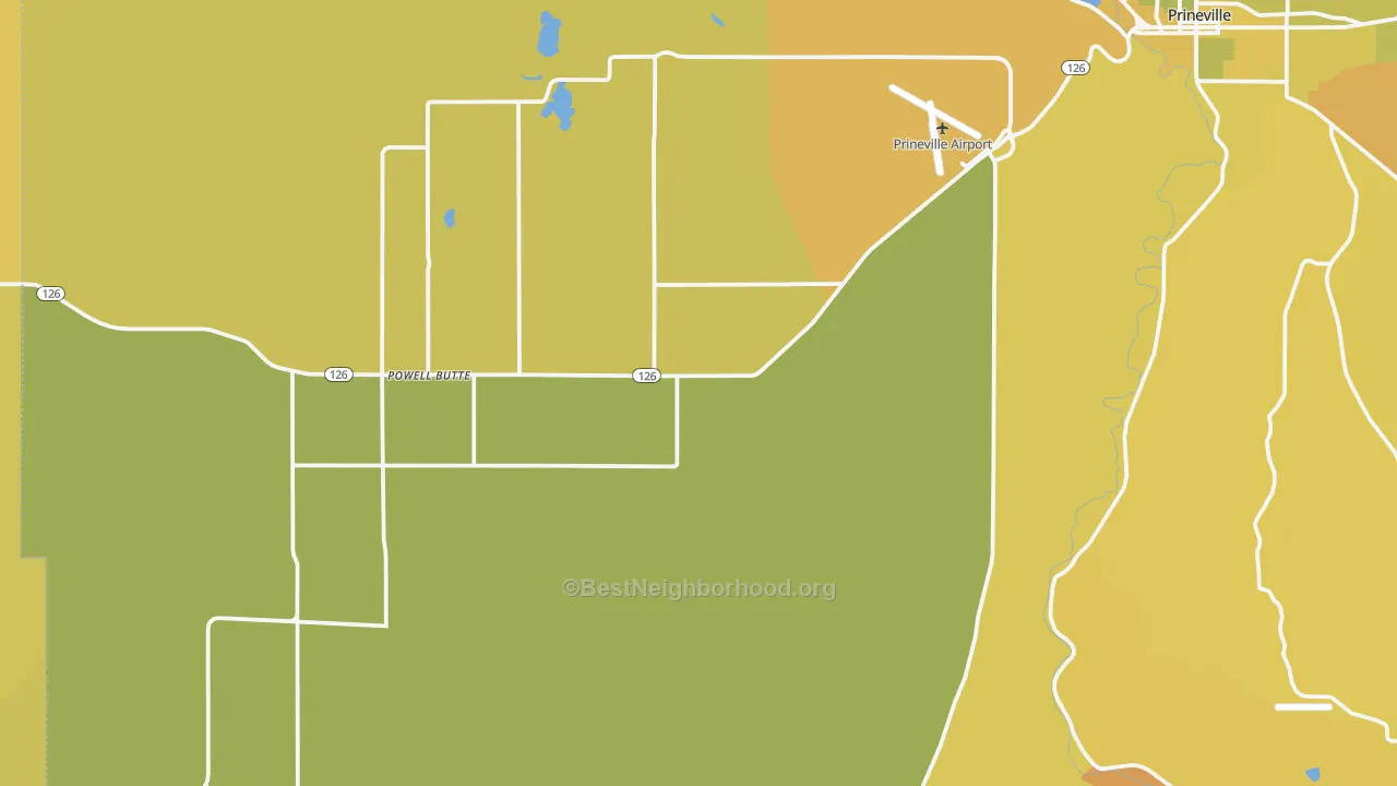Map of the best neighborhoods in the Powell Butte area, with better matches in green and worse matches in red