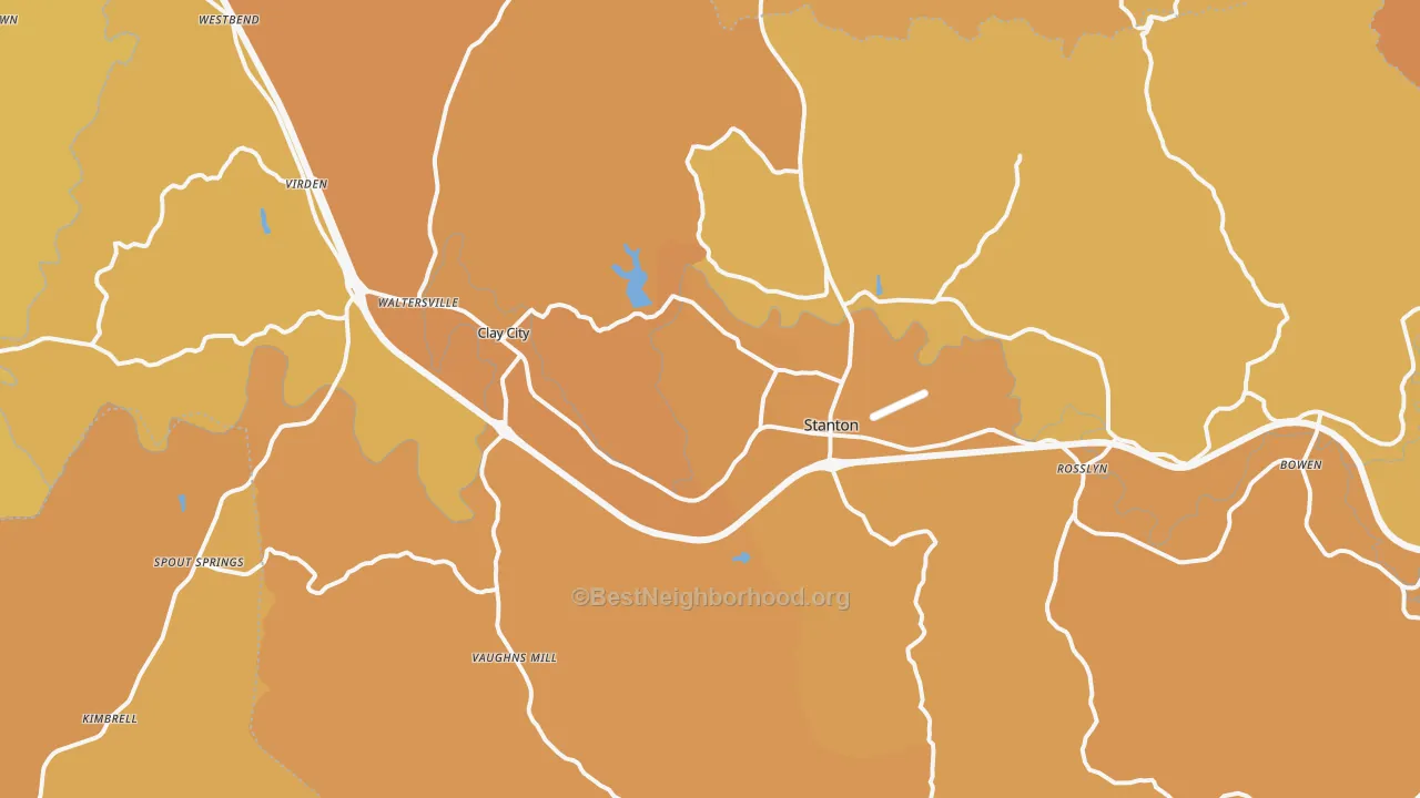 Map of the best neighborhoods in the Powell County area, with better matches in green and worse matches in red