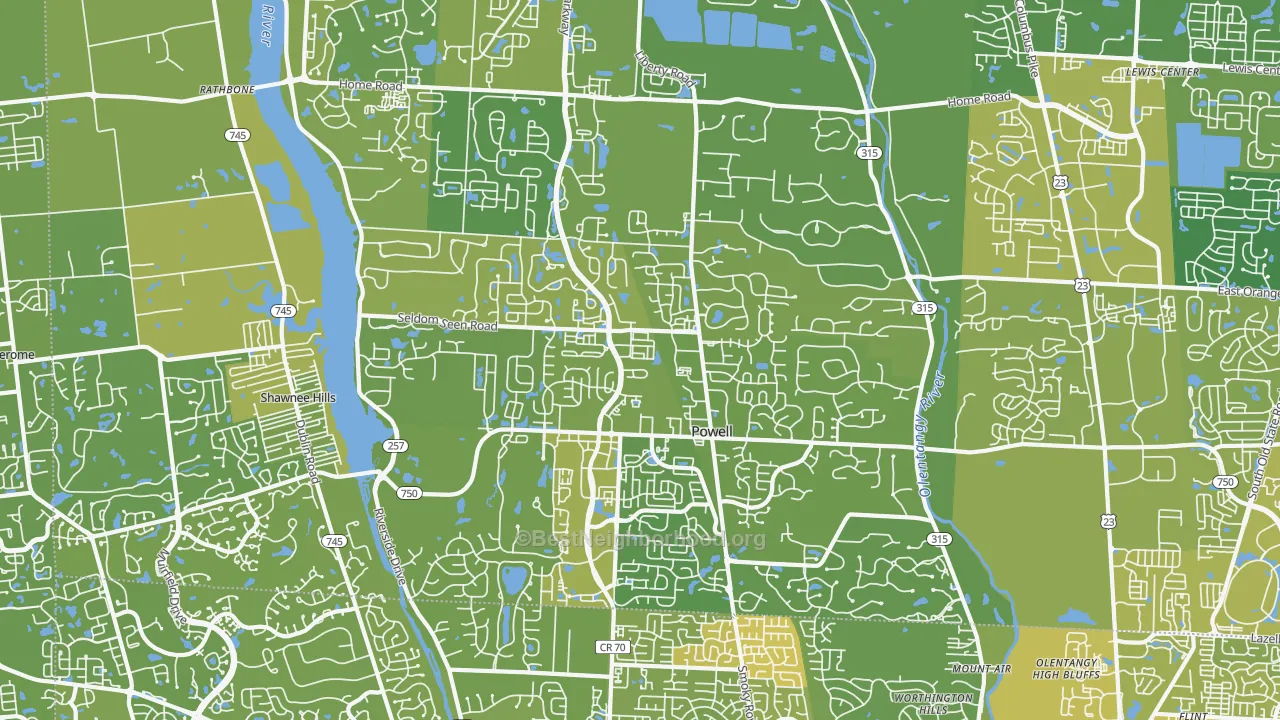 Map of the best neighborhoods in the Powell area, with better matches in green and worse matches in red