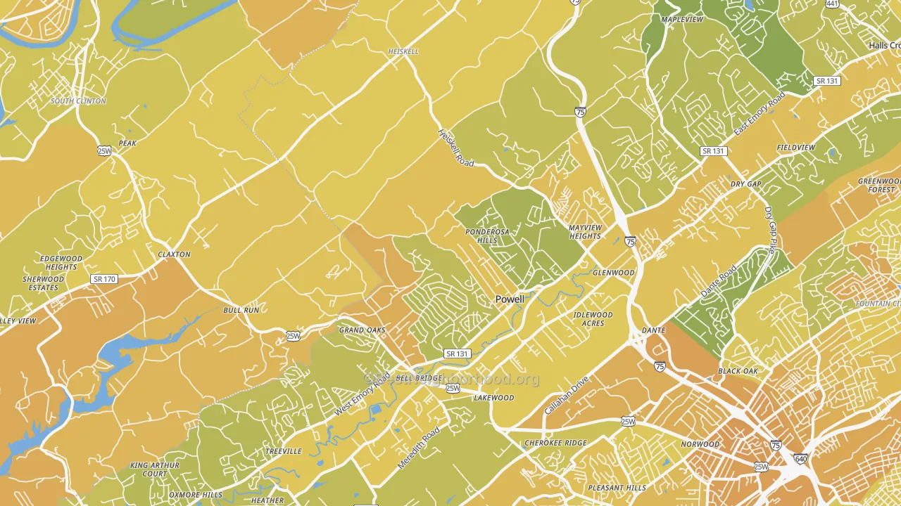Map of the best neighborhoods in the Powell area, with better matches in green and worse matches in red