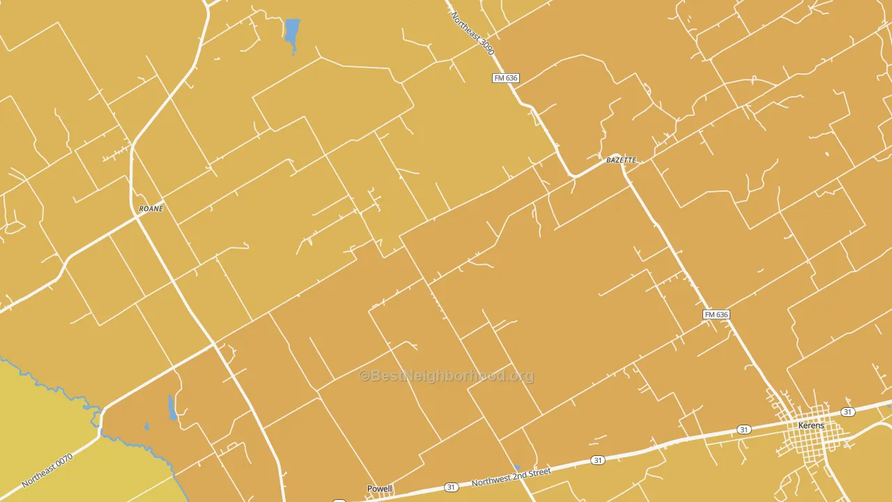 Map of the best neighborhoods in the Powell area, with better matches in green and worse matches in red