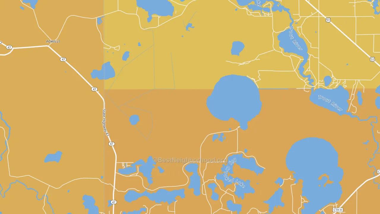 Map of the best neighborhoods in the Powell area, with better matches in green and worse matches in red
