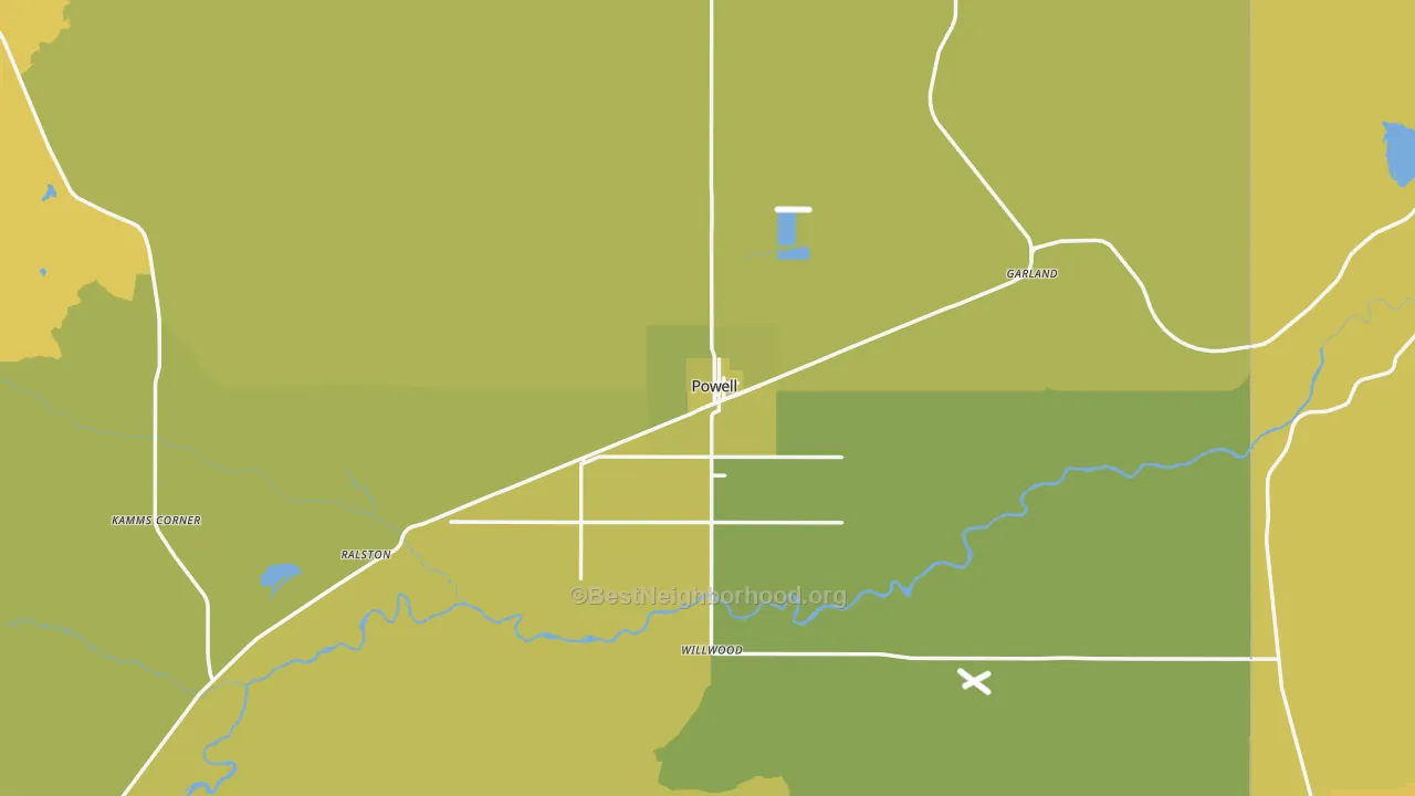 Map of the best neighborhoods in the Powell area, with better matches in green and worse matches in red