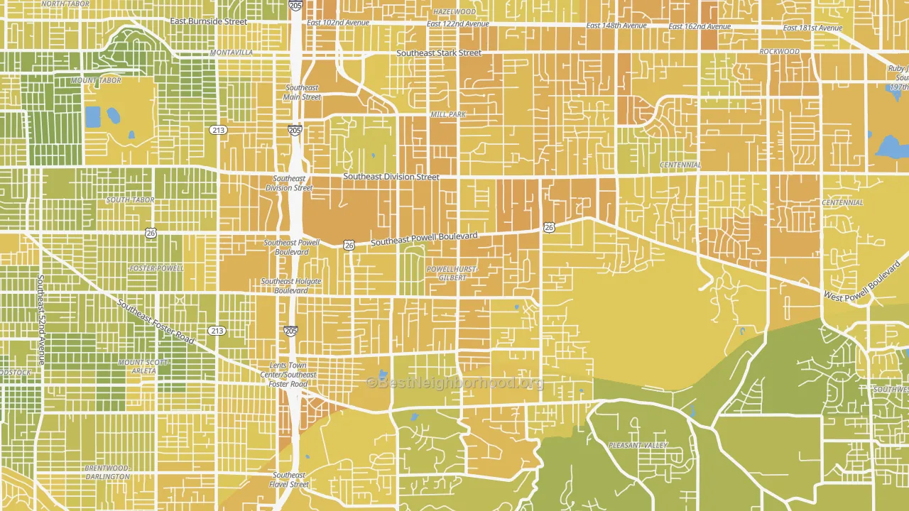 Map of the best neighborhoods in the Powellhurst-Gilbert, Portland area, with better matches in green and worse matches in red