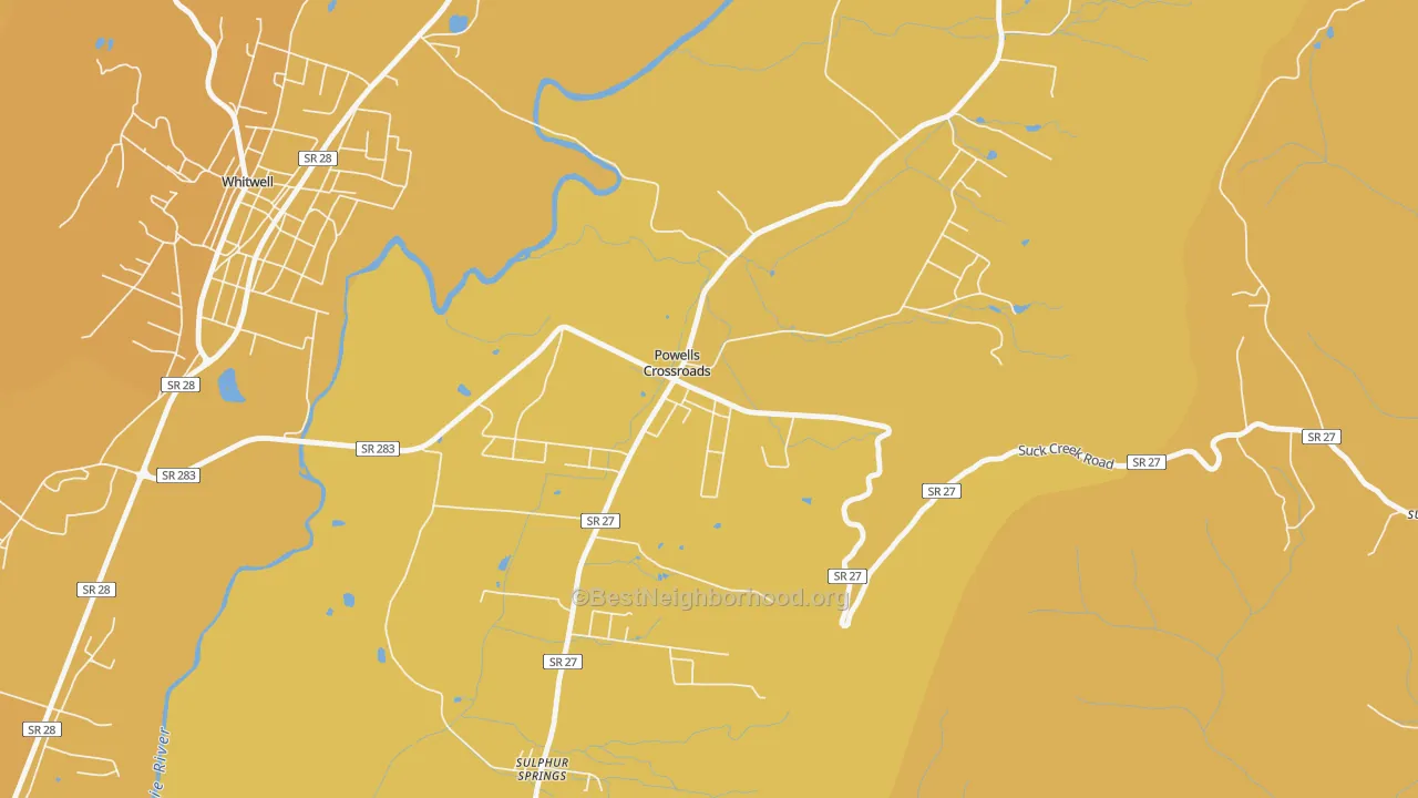 Map of the best neighborhoods in the Powells Crossroads area, with better matches in green and worse matches in red
