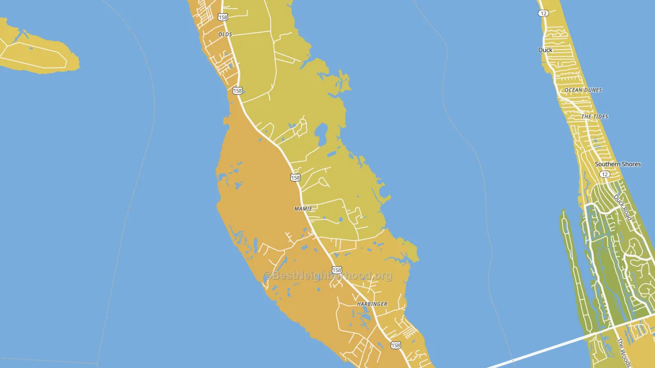Map of the best neighborhoods in the Powells Point area, with better matches in green and worse matches in red
