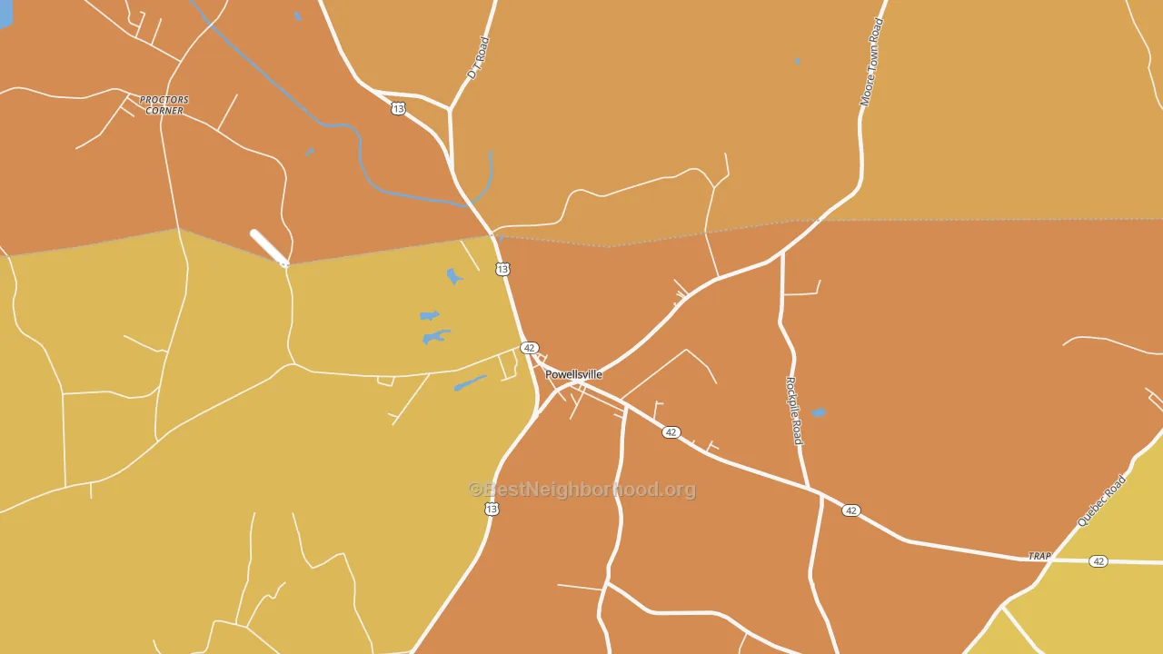 Map of the best neighborhoods in the Powellsville area, with better matches in green and worse matches in red