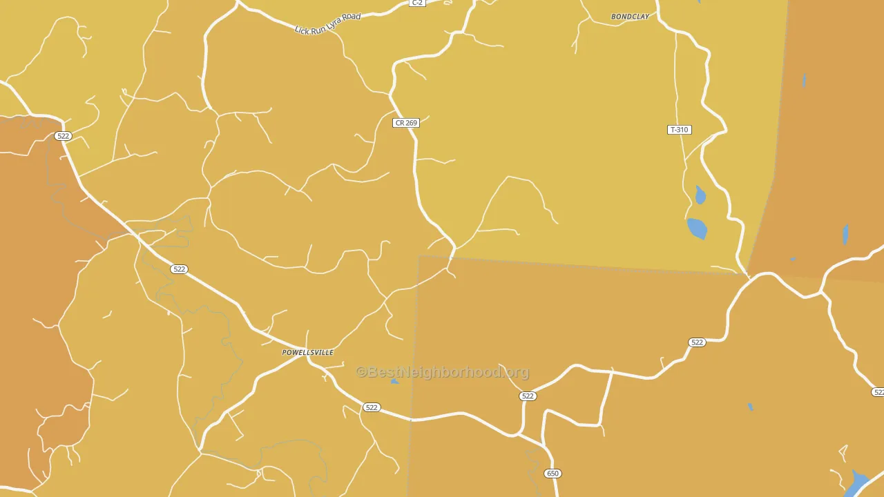 Map of the best neighborhoods in the Powellsville area, with better matches in green and worse matches in red