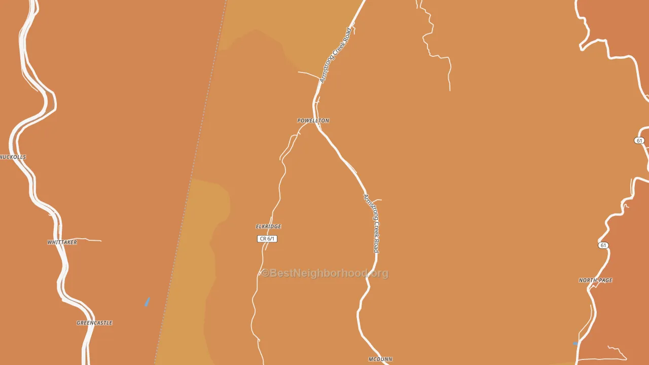 Map of the best neighborhoods in the Powellton area, with better matches in green and worse matches in red