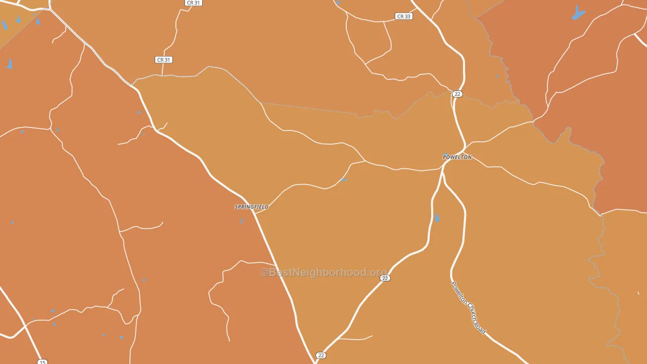 Map of the best neighborhoods in the Powelton area, with better matches in green and worse matches in red