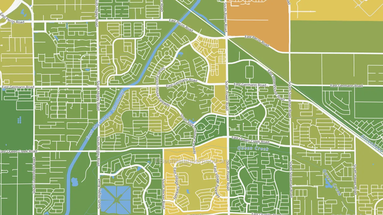 Map of the best neighborhoods in the Power Ranch, Gilbert area, with better matches in green and worse matches in red