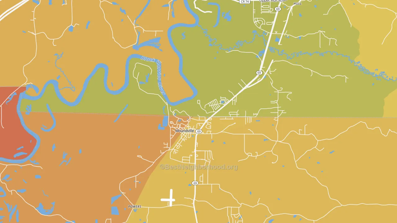 Map of the best neighborhoods in the Powers area, with better matches in green and worse matches in red