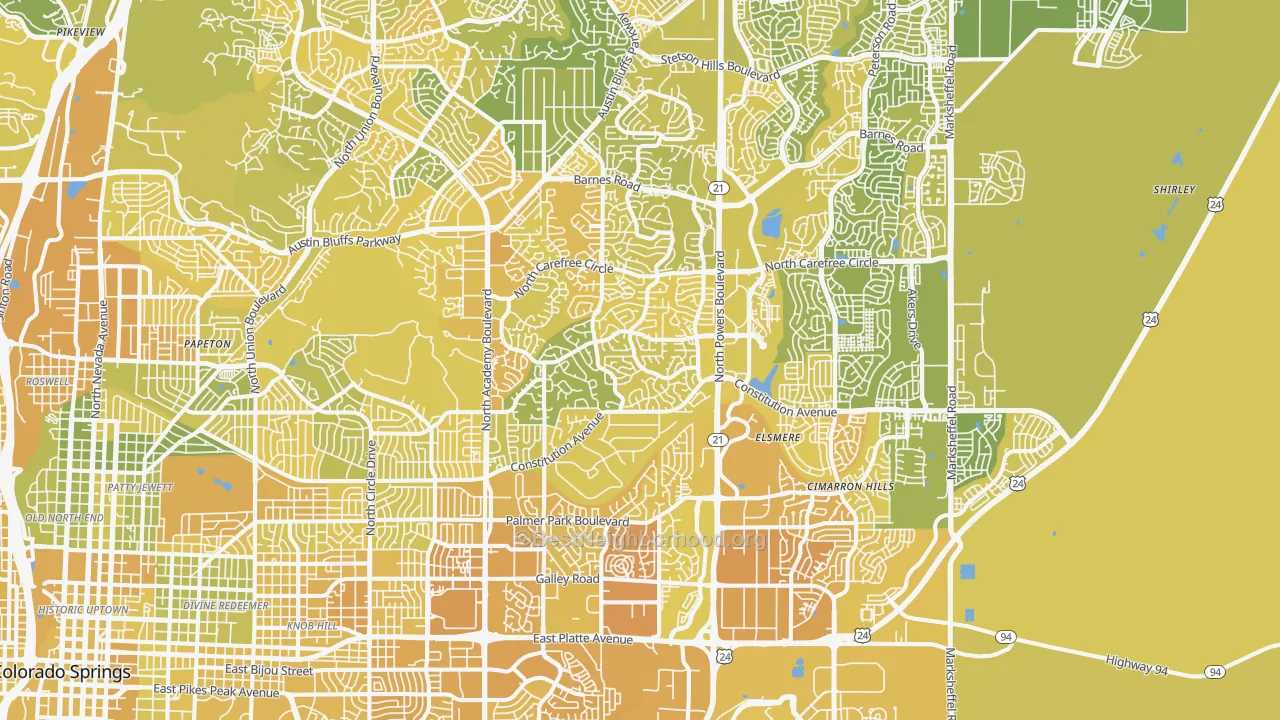 Map of the best neighborhoods in the Powers, Colorado Springs area, with better matches in green and worse matches in red