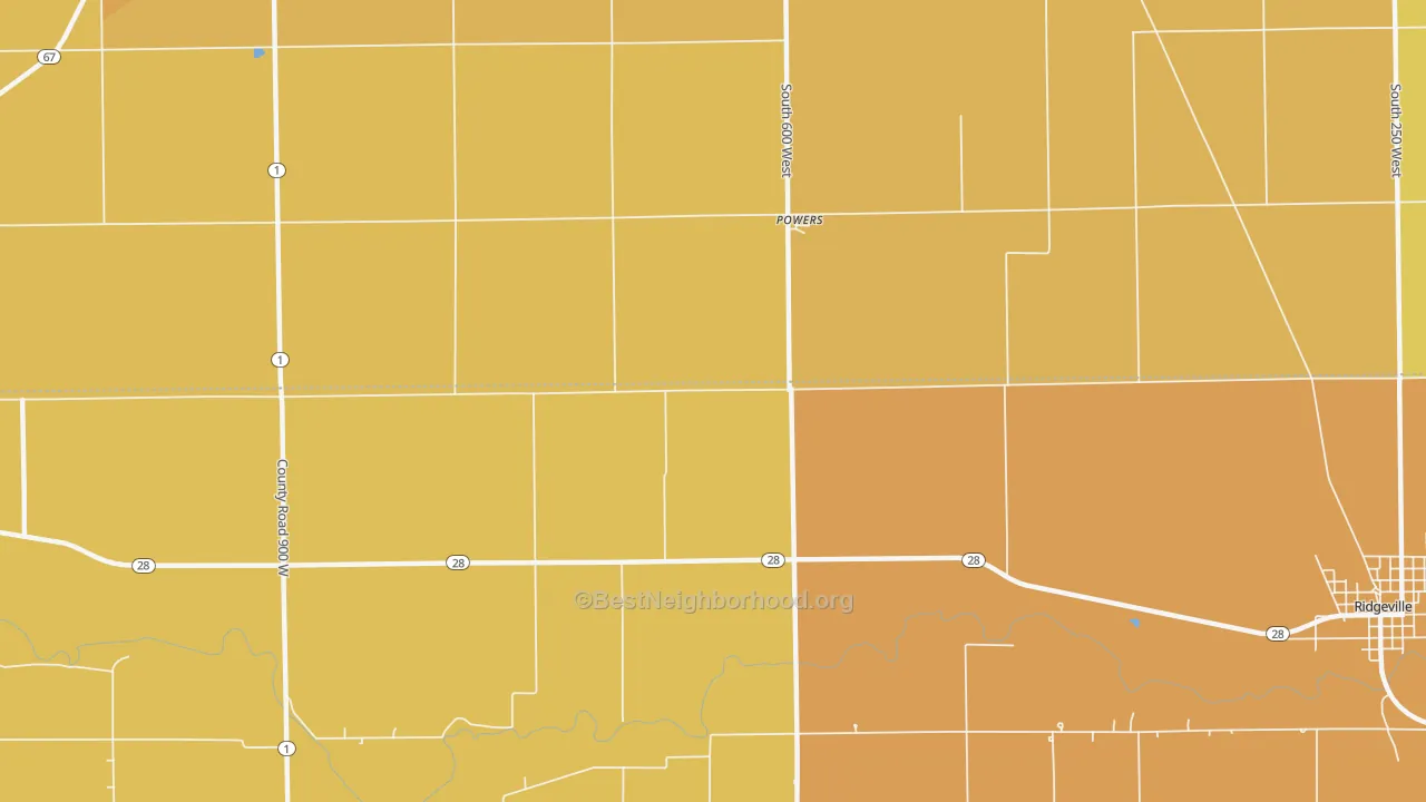 Map of the best neighborhoods in the Powers area, with better matches in green and worse matches in red