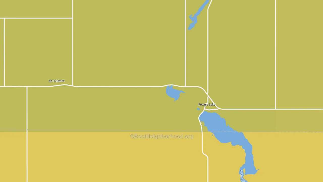 Map of the best neighborhoods in the Powers Lake area, with better matches in green and worse matches in red