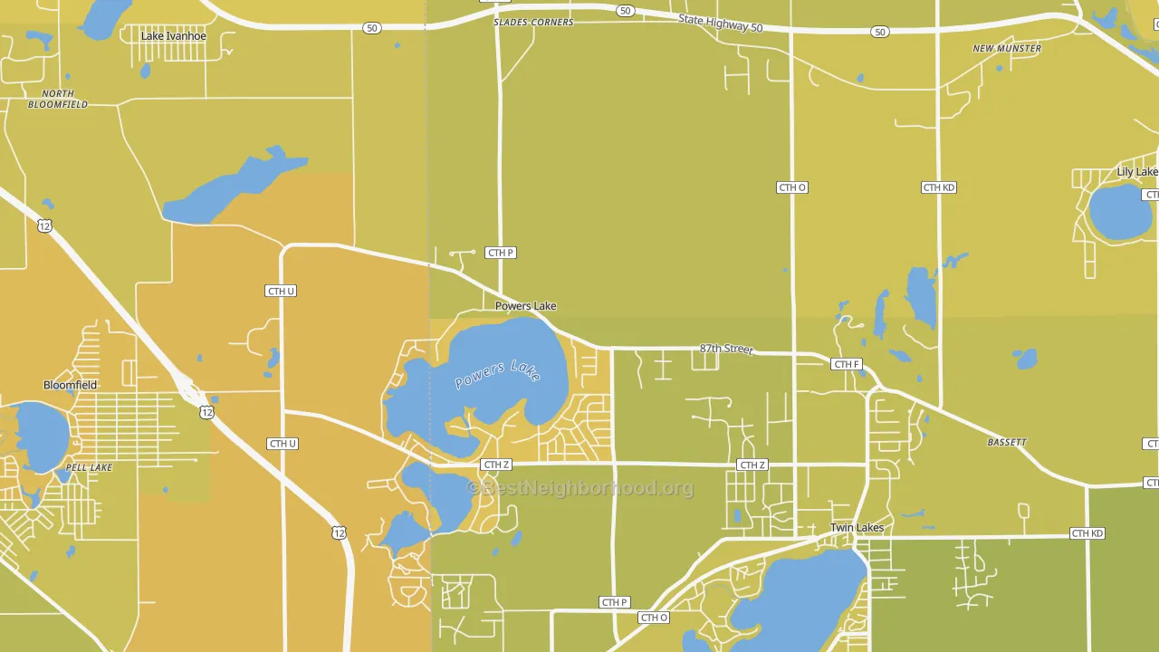 Map of the best neighborhoods in the Powers Lake area, with better matches in green and worse matches in red