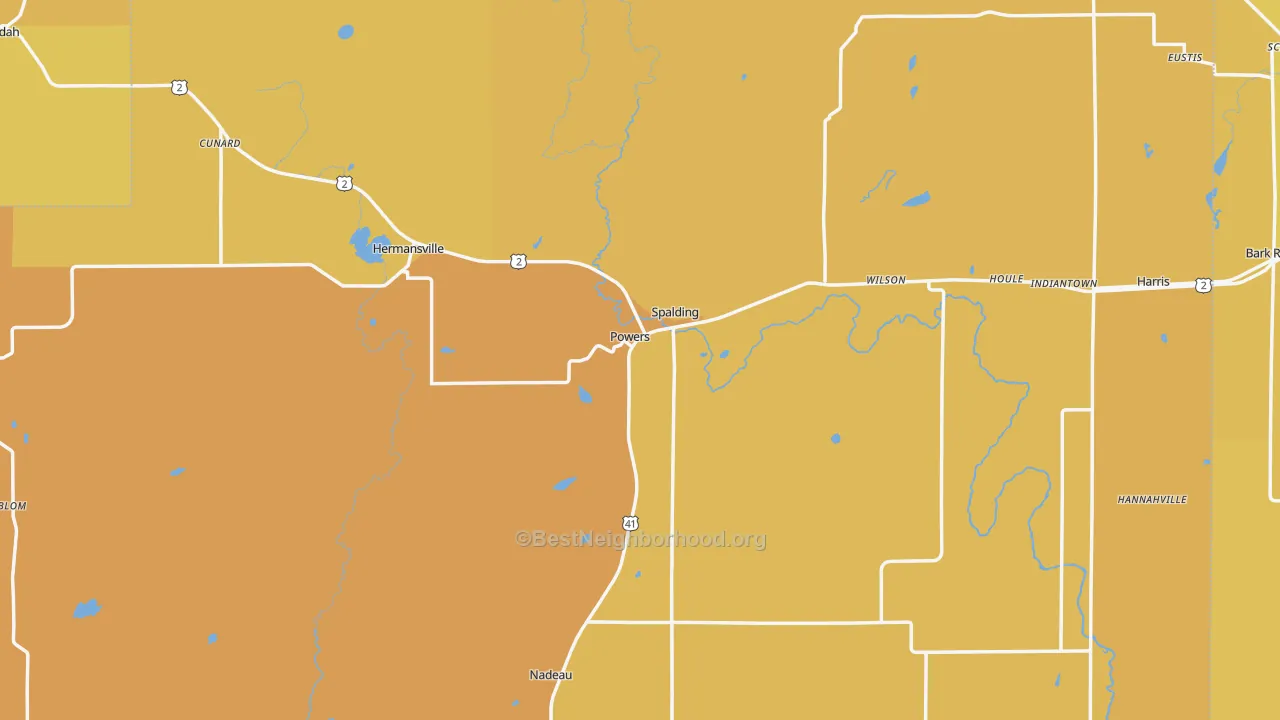 Map of the best neighborhoods in the Powers area, with better matches in green and worse matches in red