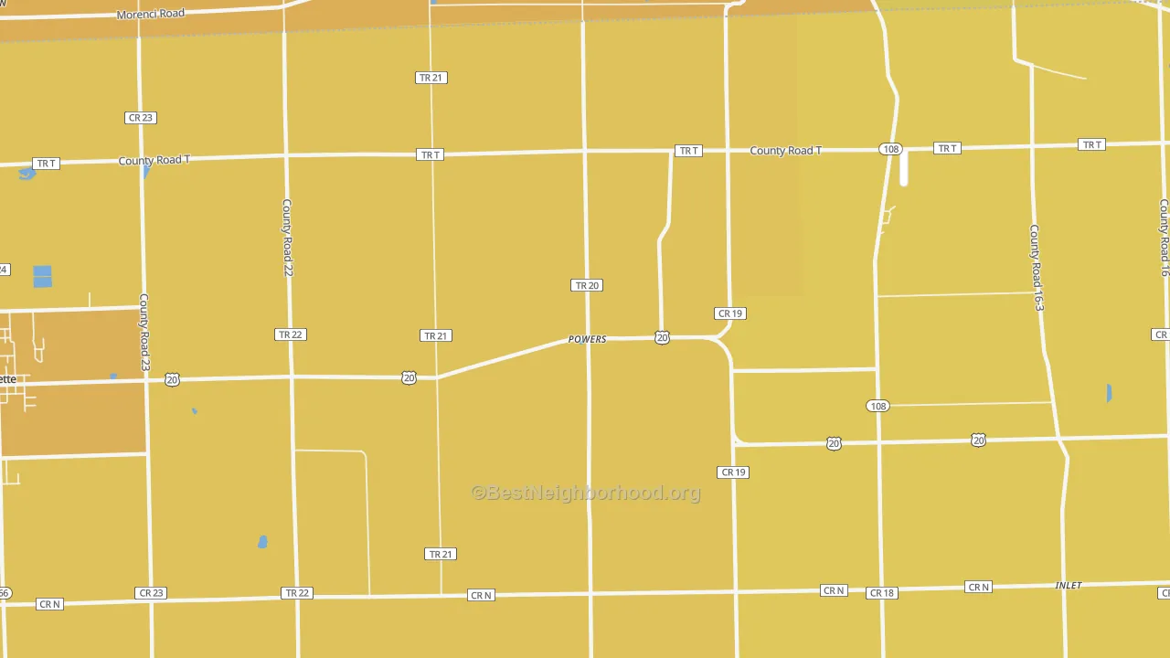 Map of the best neighborhoods in the Powers area, with better matches in green and worse matches in red