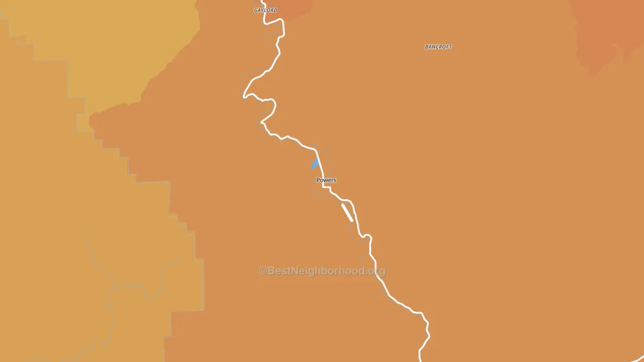 Map of the best neighborhoods in the Powers area, with better matches in green and worse matches in red