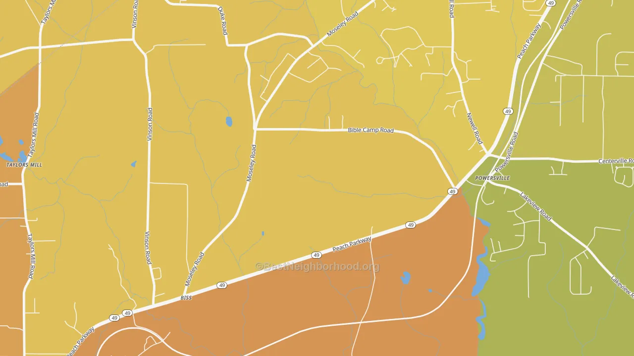 Map of the best neighborhoods in the Powersville area, with better matches in green and worse matches in red