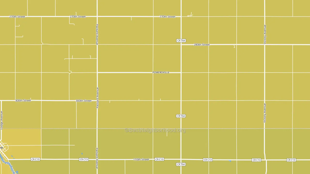 Map of the best neighborhoods in the Powersville area, with better matches in green and worse matches in red