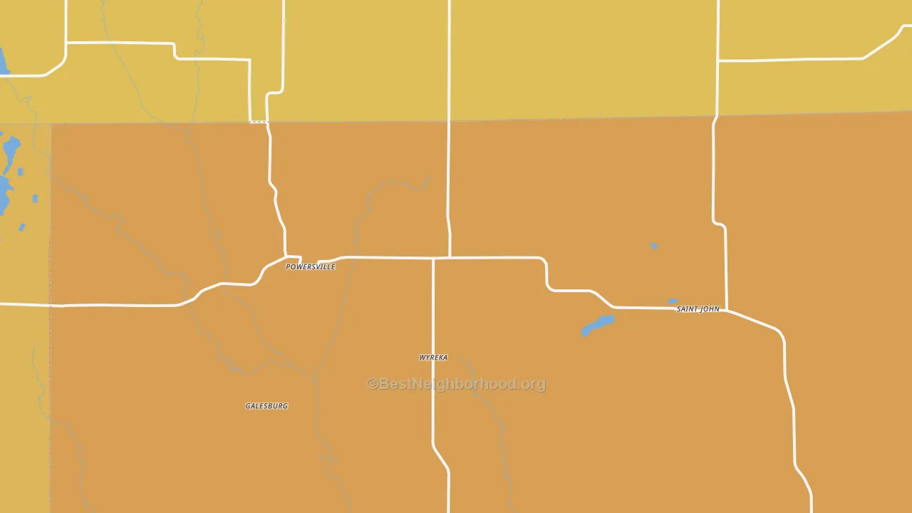 Map of the best neighborhoods in the Powersville area, with better matches in green and worse matches in red