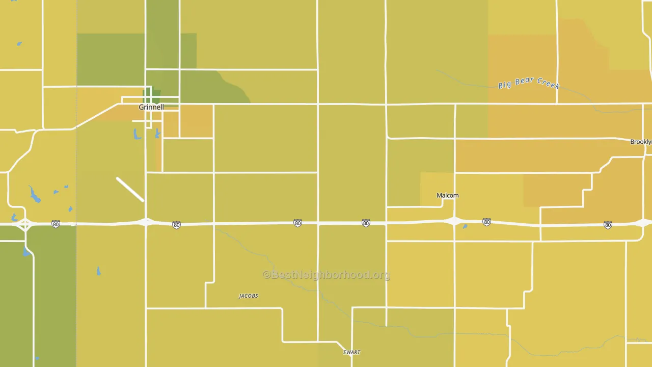 Map of the best neighborhoods in the Poweshiek County area, with better matches in green and worse matches in red