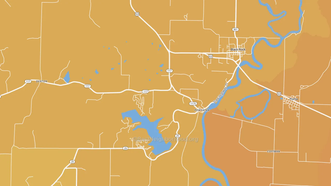 Map of the best neighborhoods in the Powhatan area, with better matches in green and worse matches in red