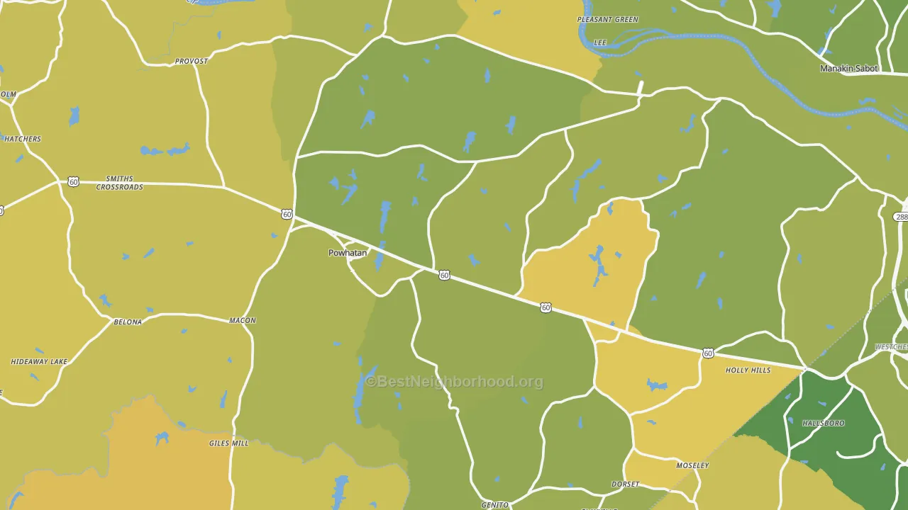Map of the best neighborhoods in the Powhatan County area, with better matches in green and worse matches in red