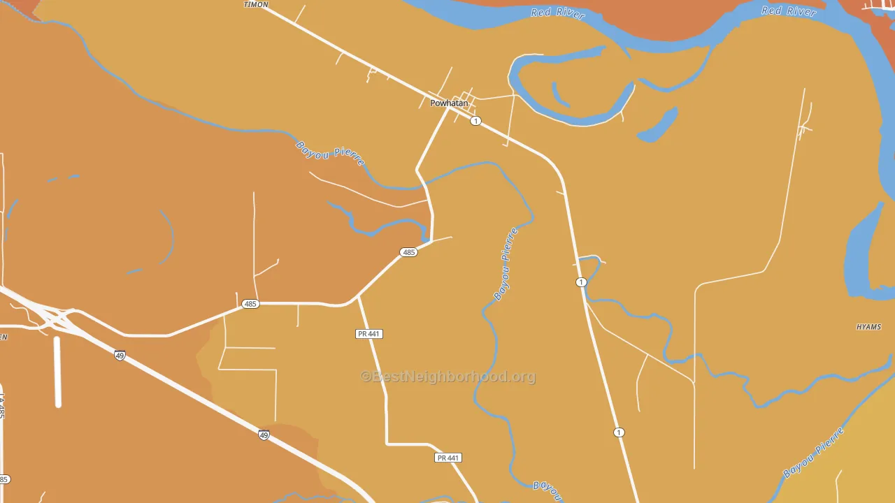 Map of the best neighborhoods in the Powhatan area, with better matches in green and worse matches in red
