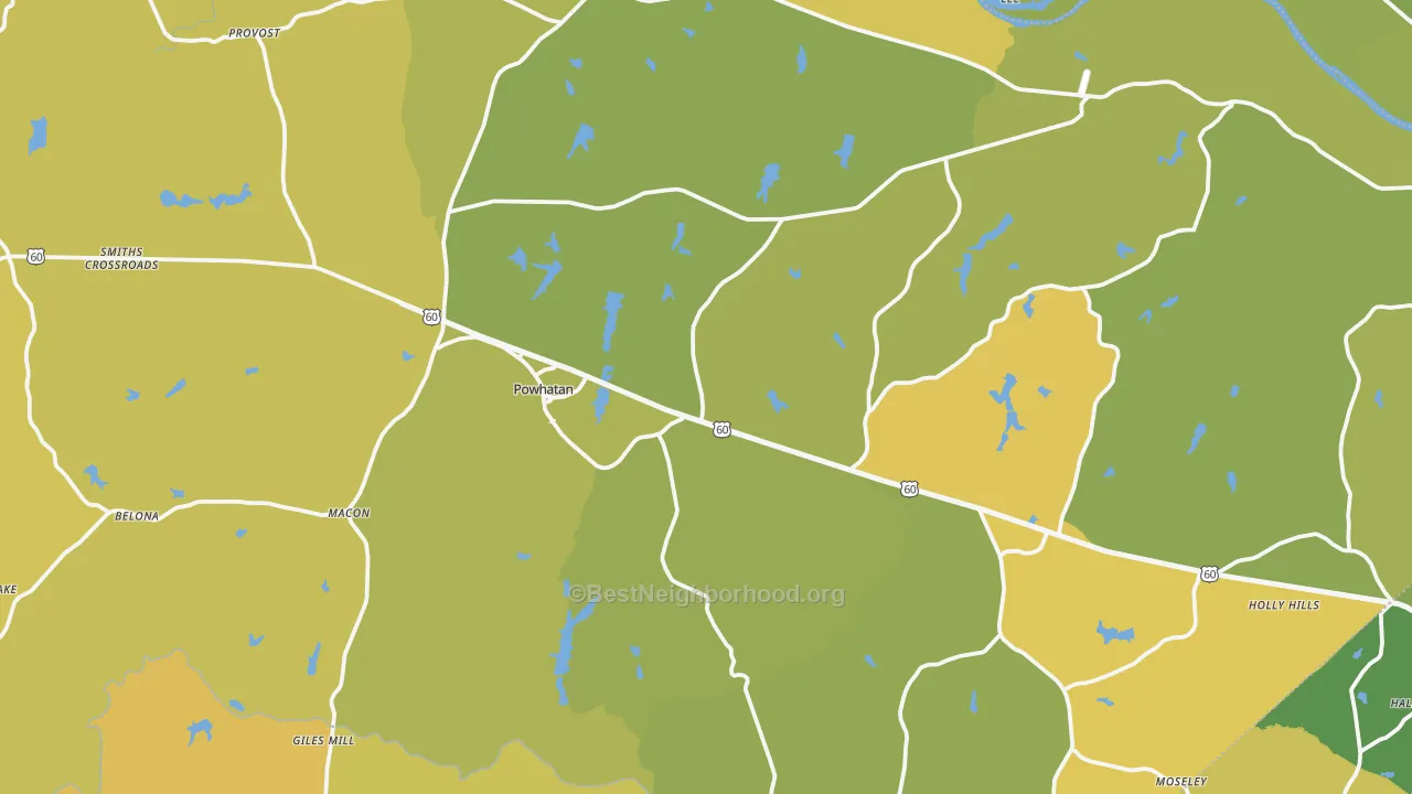 Map of the best neighborhoods in the Powhatan area, with better matches in green and worse matches in red