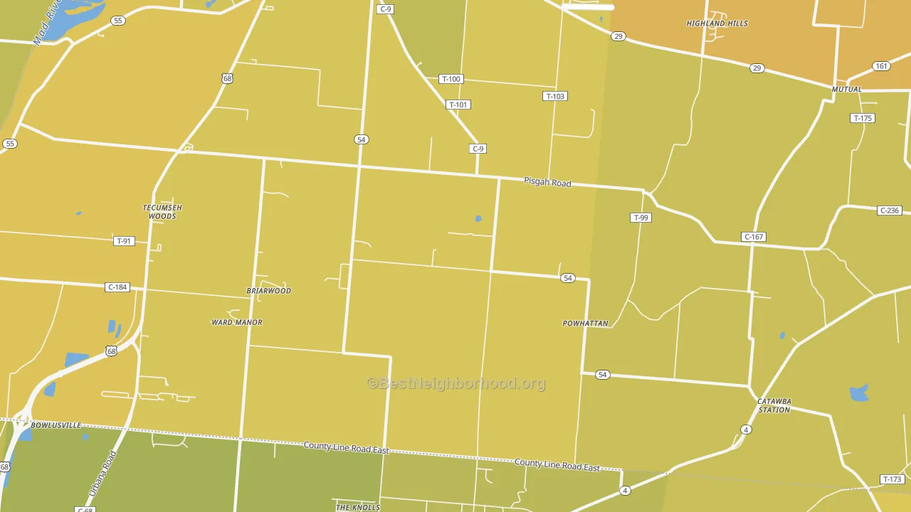Map of the best neighborhoods in the Powhatton area, with better matches in green and worse matches in red