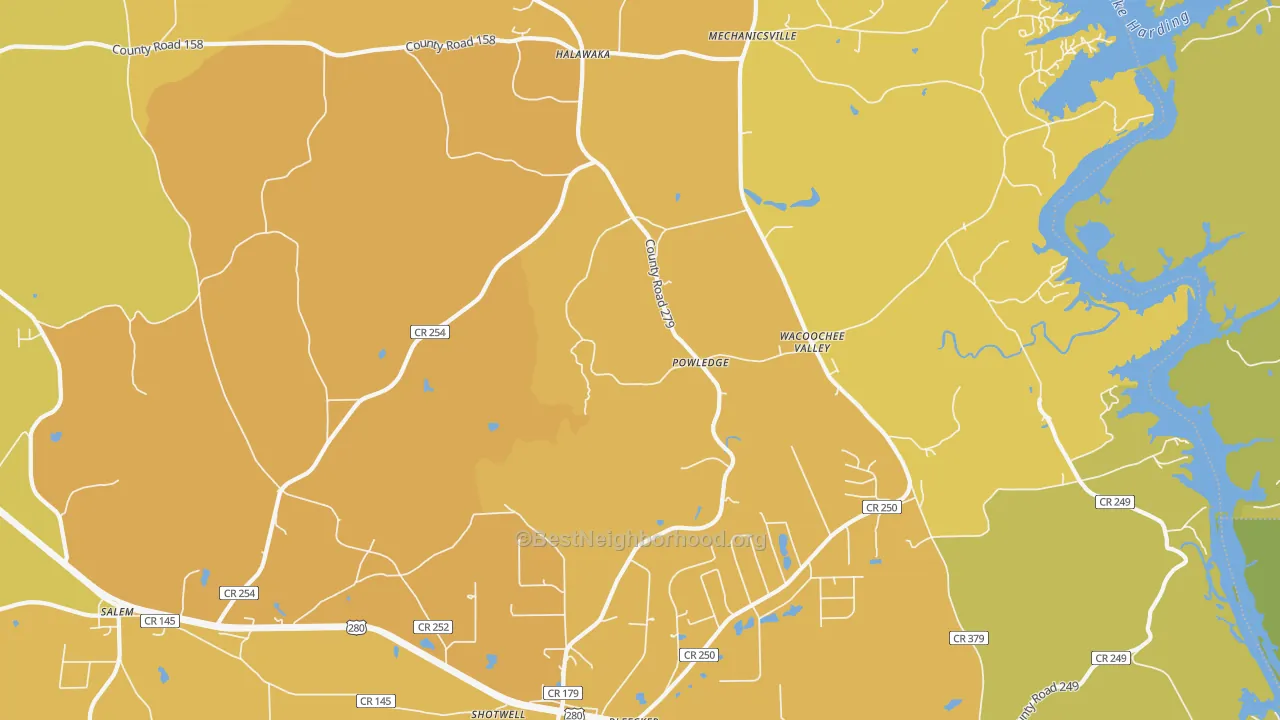 Map of the best neighborhoods in the Powledge area, with better matches in green and worse matches in red