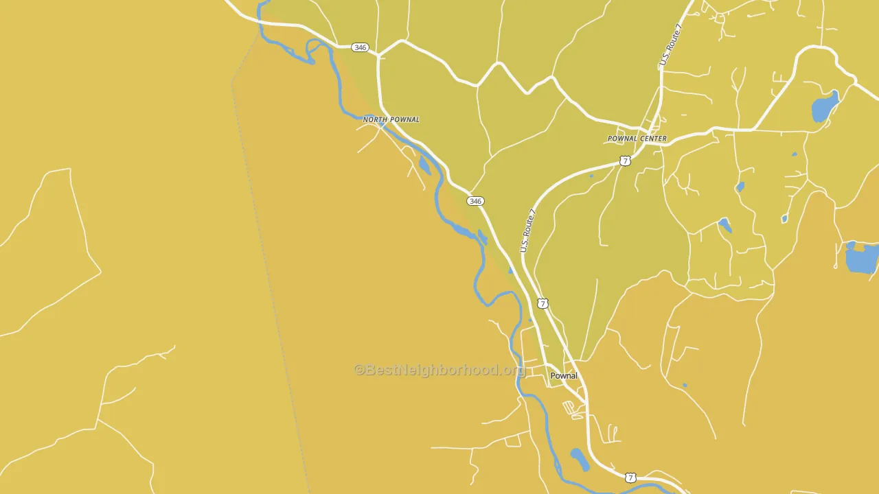 Map of the best neighborhoods in the Pownal Center area, with better matches in green and worse matches in red