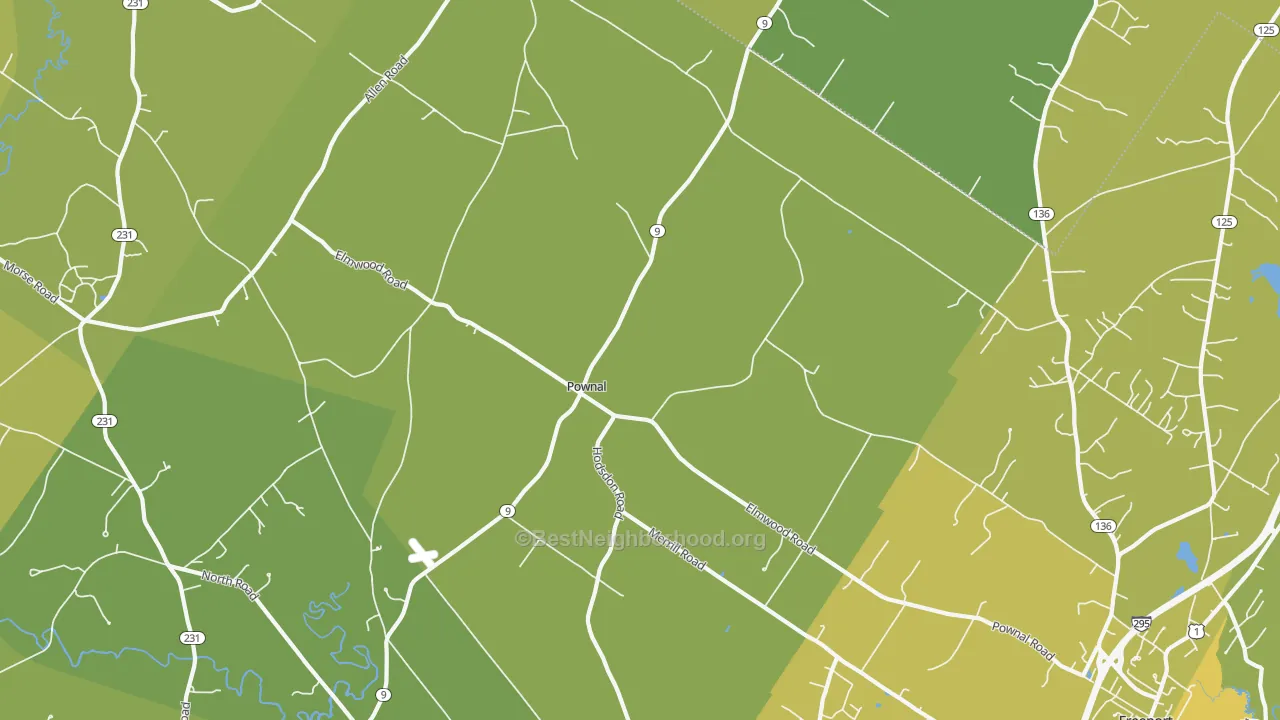 Map of the best neighborhoods in the Pownal area, with better matches in green and worse matches in red