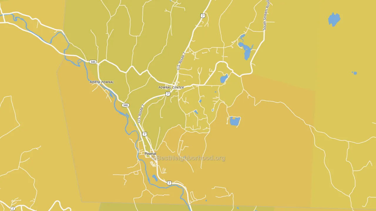 Map of the best neighborhoods in the Pownal area, with better matches in green and worse matches in red