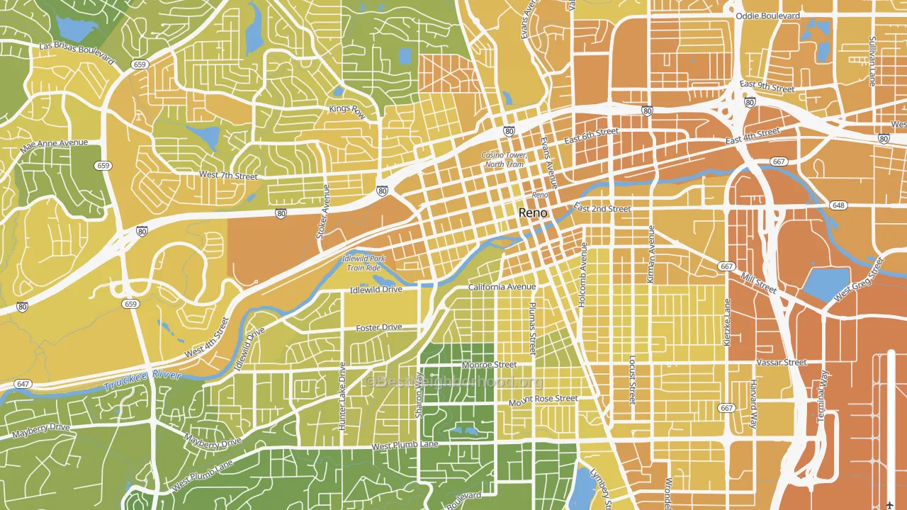Map of the best neighborhoods in the Powning Addition, Reno area, with better matches in green and worse matches in red