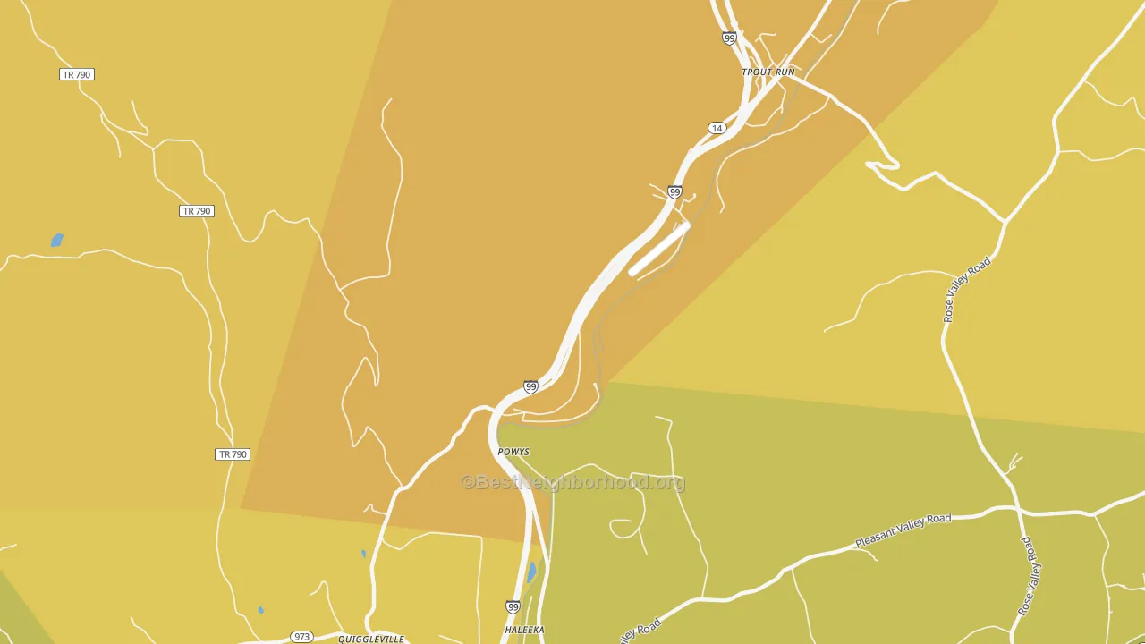 Map of the best neighborhoods in the Powys area, with better matches in green and worse matches in red