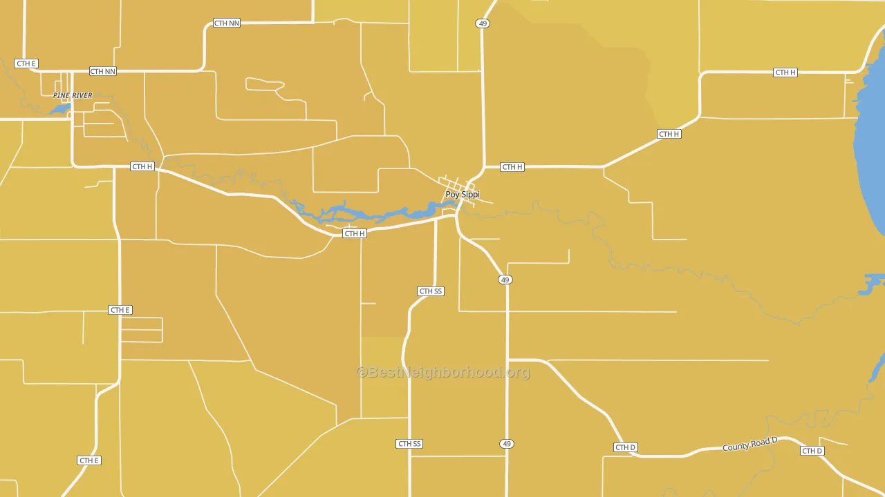 Map of the best neighborhoods in the Poy Sippi area, with better matches in green and worse matches in red