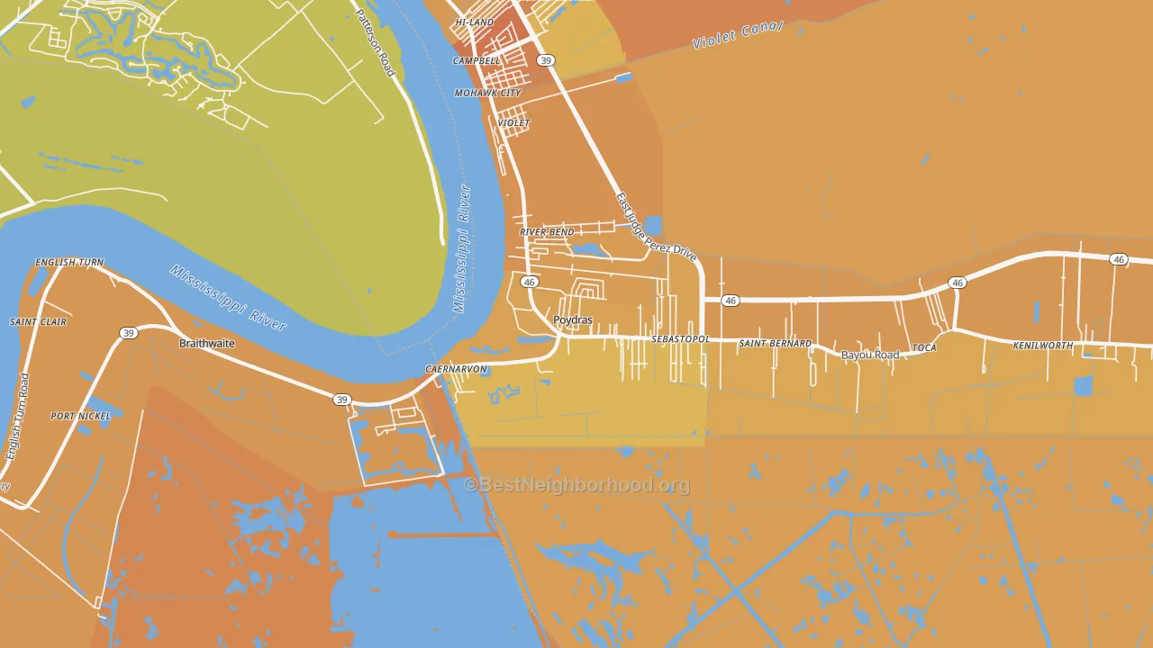 Map of the best neighborhoods in the Poydras area, with better matches in green and worse matches in red