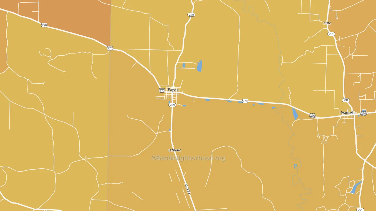 Map of the best neighborhoods in the Poyen area, with better matches in green and worse matches in red