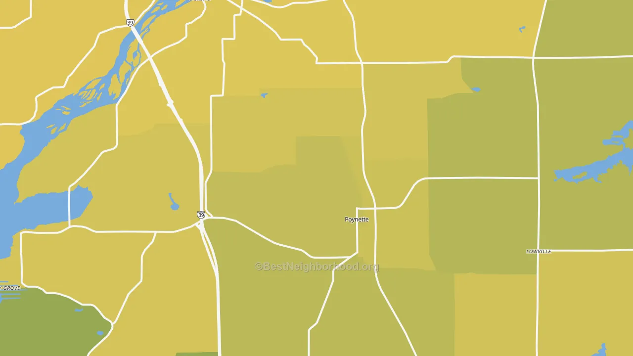 Map of the best neighborhoods in the Poynette area, with better matches in green and worse matches in red