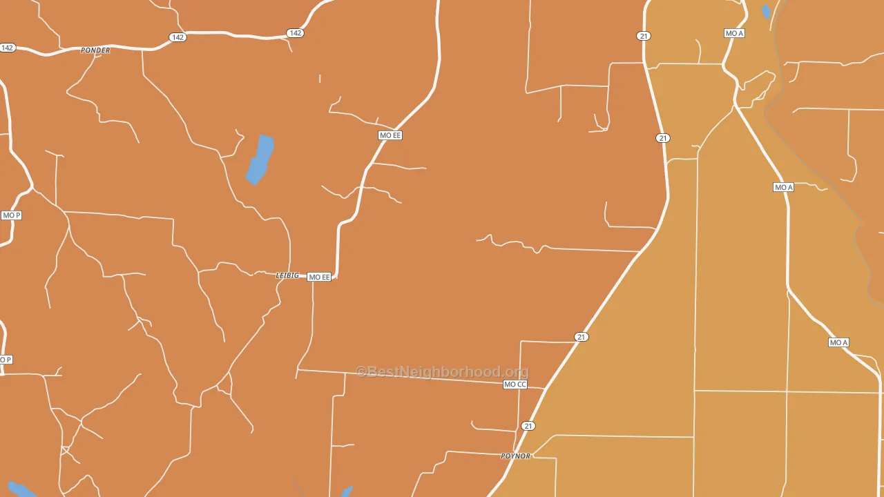 Map of the best neighborhoods in the Poynor area, with better matches in green and worse matches in red