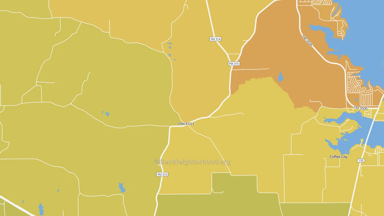 Map of the best neighborhoods in the Poynor area, with better matches in green and worse matches in red
