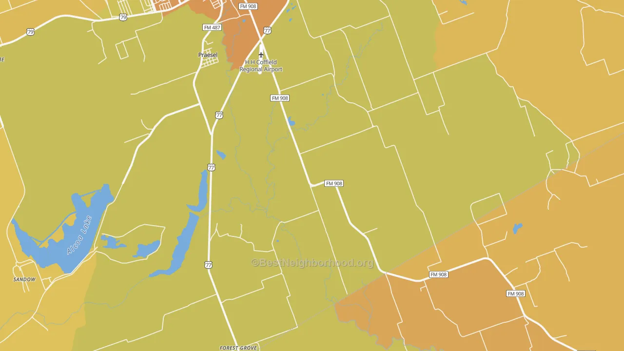 Map of the best neighborhoods in the Praesel area, with better matches in green and worse matches in red