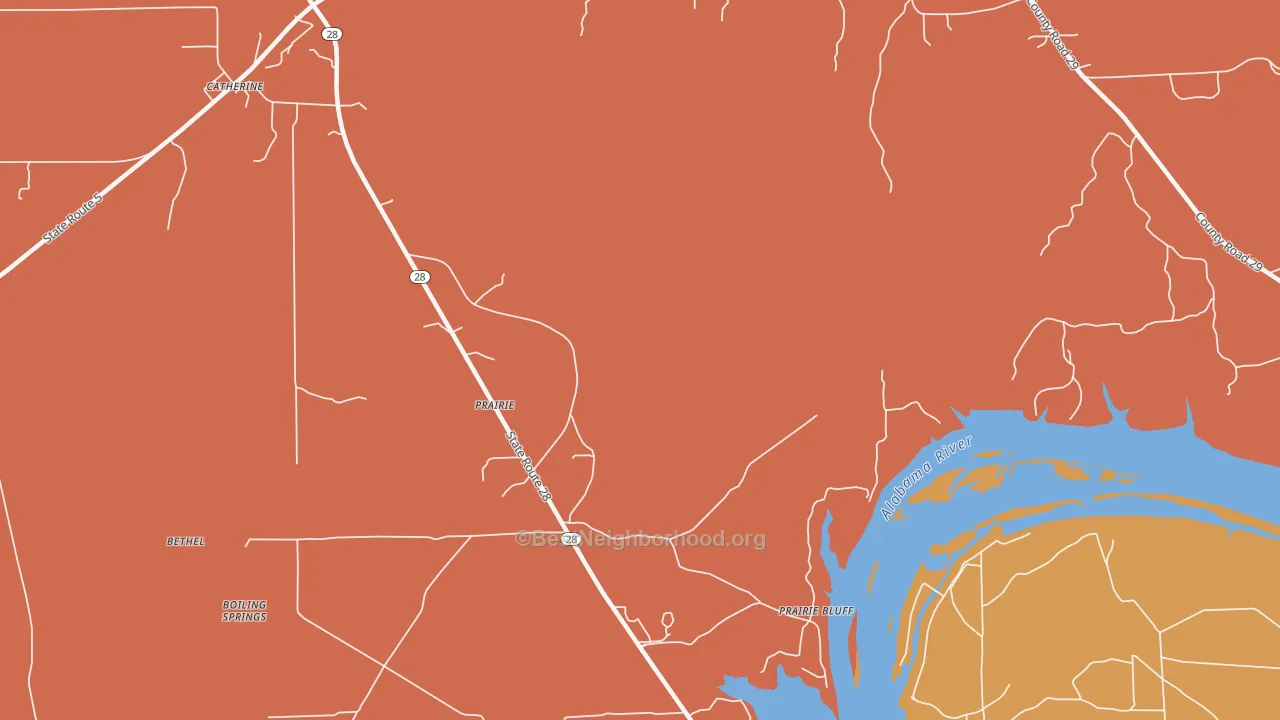 Map of the best neighborhoods in the Prairie area, with better matches in green and worse matches in red