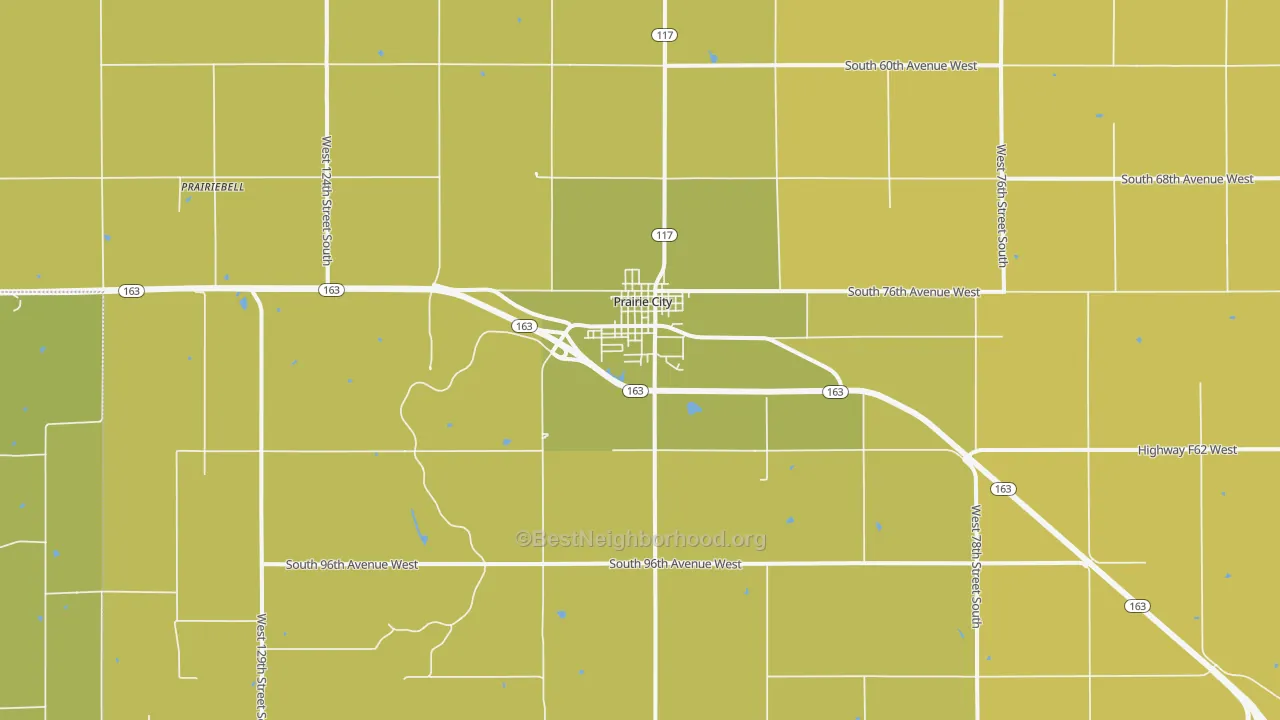 Map of the best neighborhoods in the Prairie City area, with better matches in green and worse matches in red