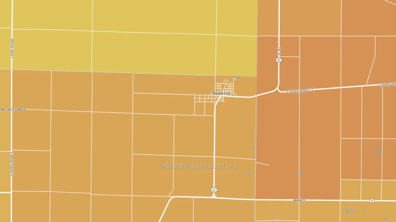 Map of the best neighborhoods in the Prairie City area, with better matches in green and worse matches in red