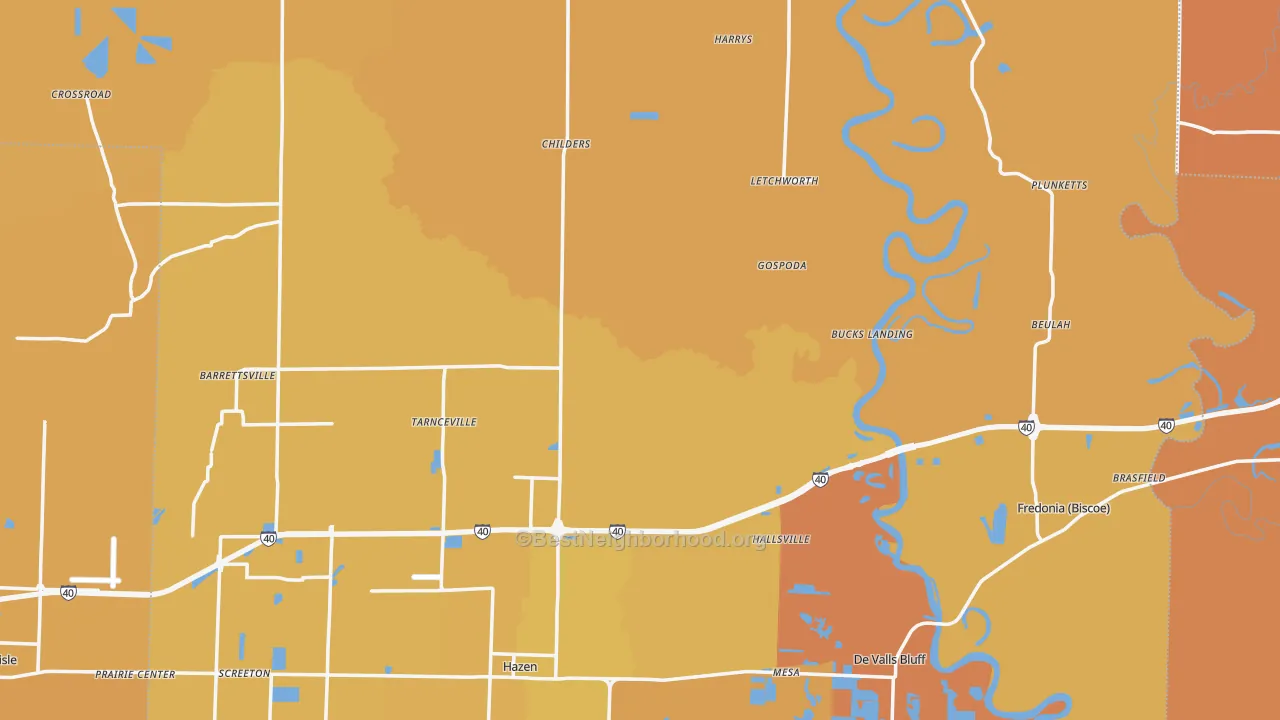 Map of the best neighborhoods in the Prairie County area, with better matches in green and worse matches in red